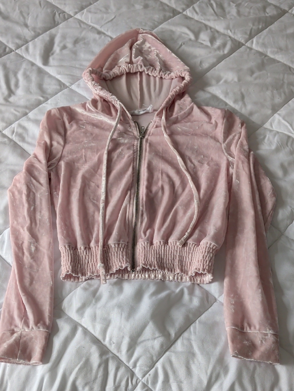 Cropped Velvet Zip Hoodie - Blush Pink